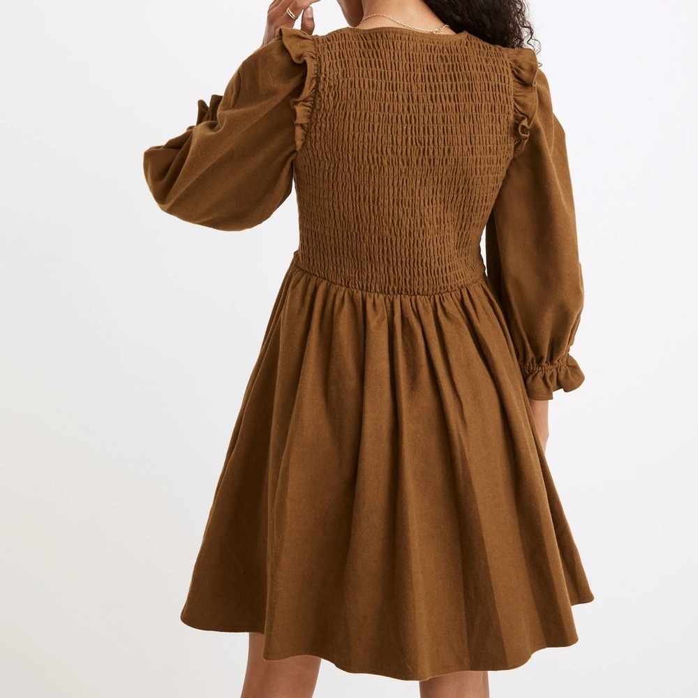 Madewell Flannel Lucie V-Neck Smocked Mini Dress in Weathered Olive - Picture 2 of 8
